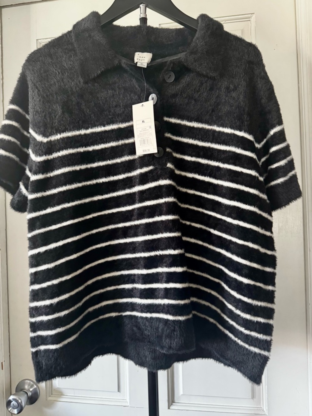 a new day Black Fuzzy Striped Polo‎ Cardigan